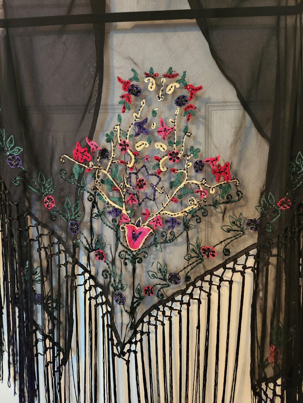 Reaction by Kenneth Cole, Black Floral Embroidered Fringe Shawl - Picture 5 of 6